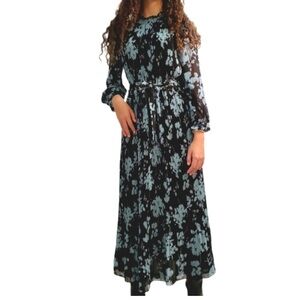 Zara Black and Blue Floral Pleated Maxi Dress